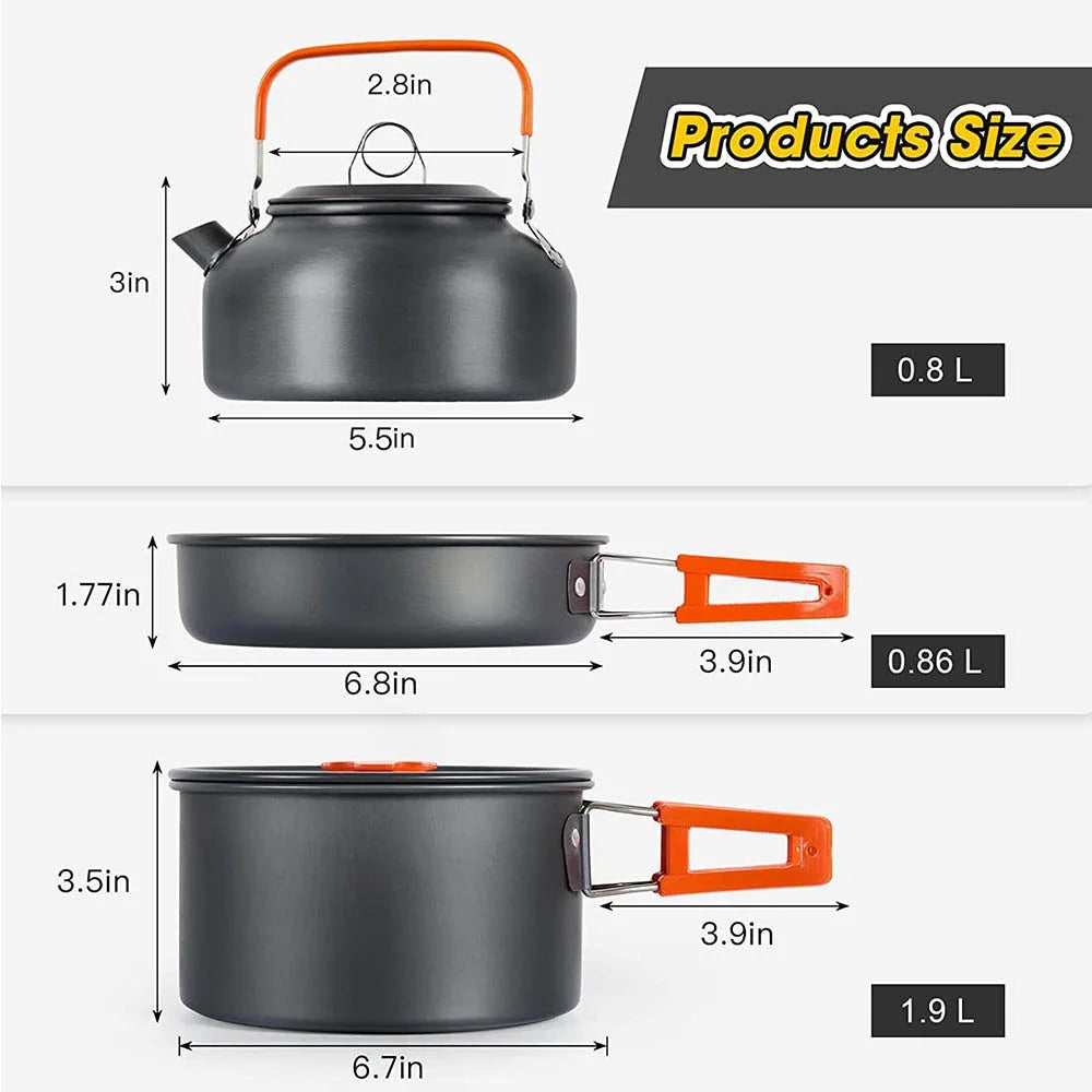 Camping Cookware & Tableware Set | Non-stick Pots & Teapot for 2-3 People