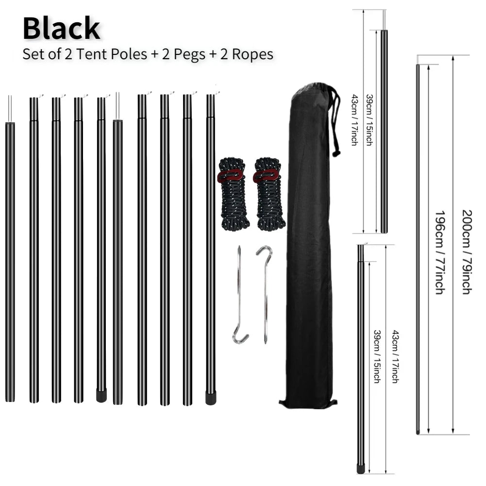 Adjustable Steel Tent Pole Set (2) | Tarp & Shelter Rods with Pegs & Ropes