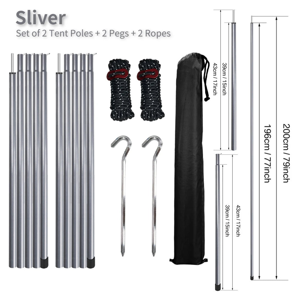Adjustable Steel Tent Pole Set (2) | Tarp & Shelter Rods with Pegs & Ropes
