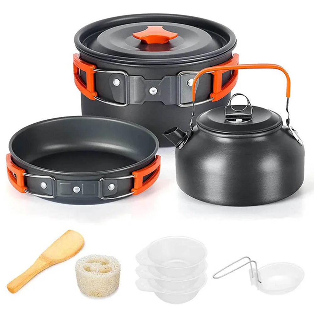 Camping Cookware & Tableware Set | Non-stick Pots & Teapot for 2-3 People