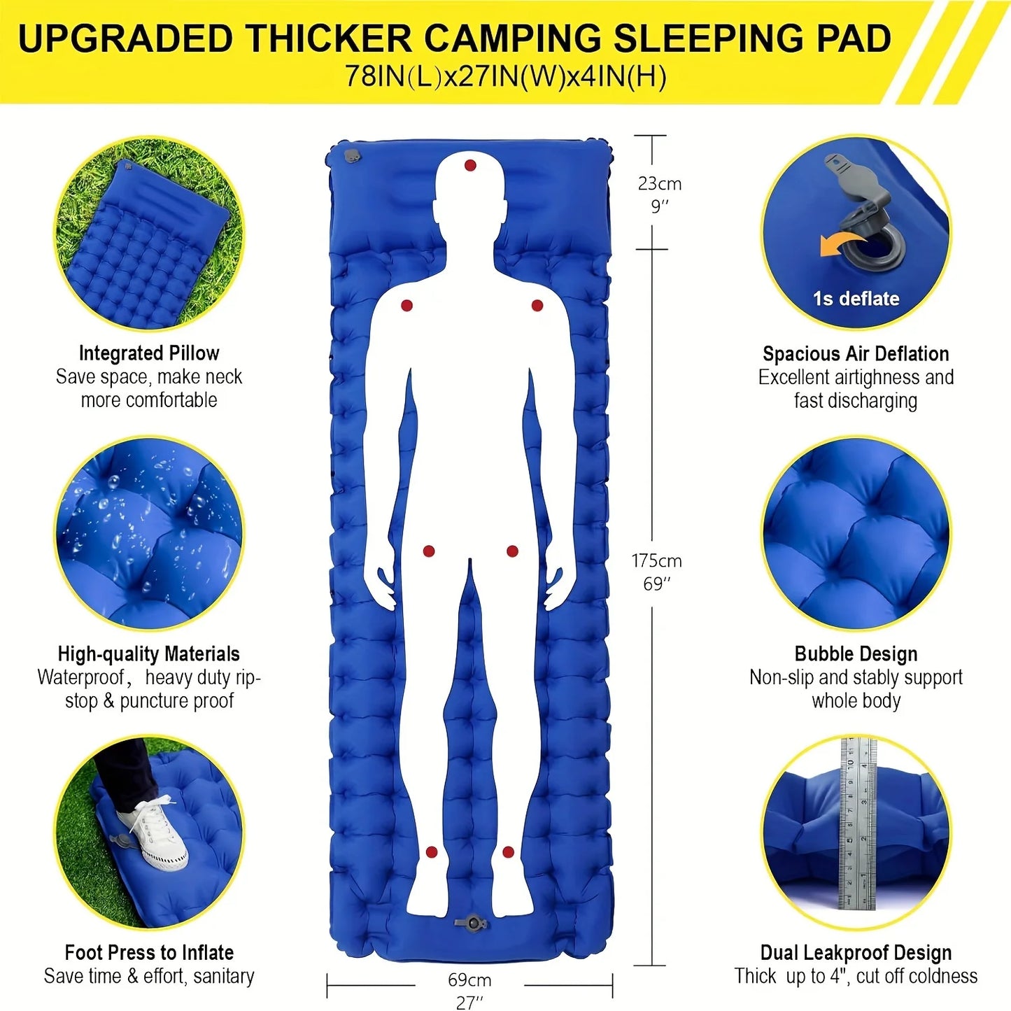 Super Thick 4-inch Inflatable Sleeping Mat | Built-in Pillow & Pump
