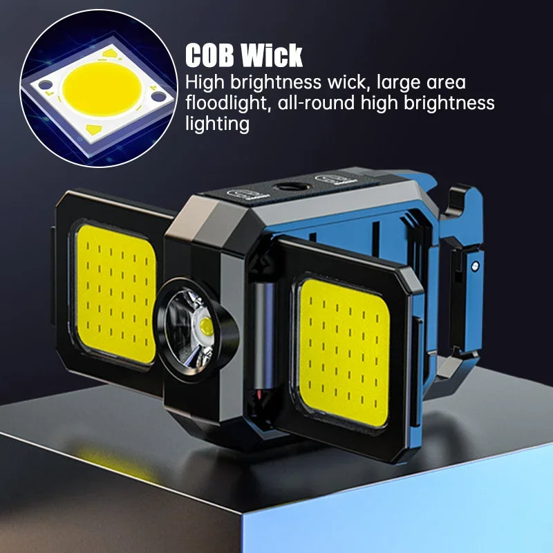 Mini COB LED Flashlight | USB Rechargeable Work Light with 90° Foldable Side Lights