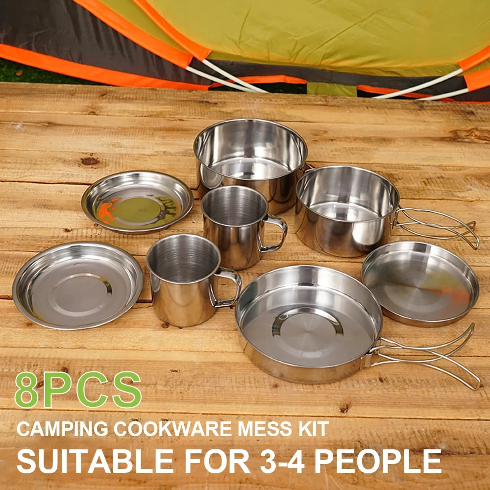 8pcs Stainless Steel Camping Cookware Mess Kit | Pot, Pan, Plates & Cups Set