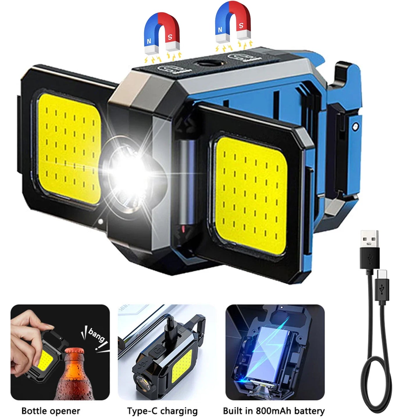 Mini COB LED Flashlight | USB Rechargeable Work Light with 90° Foldable Side Lights