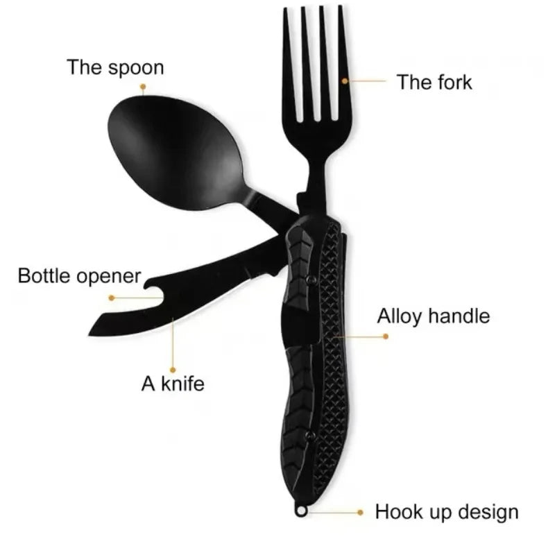 Stainless Steel Folding Camping Utensil Multitool | Spoon Fork Knife Bottle Opener