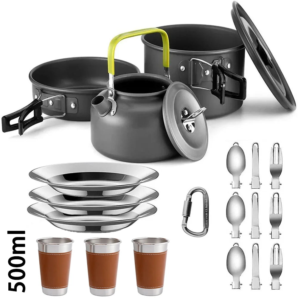 Camping Cookware & Tableware Set | Non-stick Pots & Teapot for 2-3 People