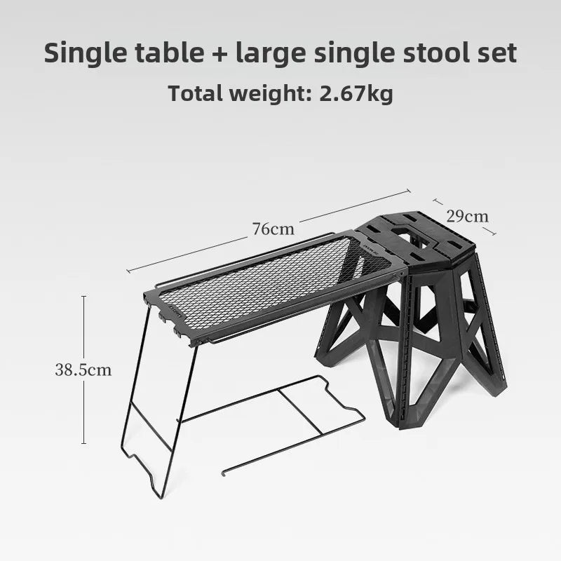 Outdoor Multifunctional Folding Table | Mesh Table Stool & Side Hanging Shelf