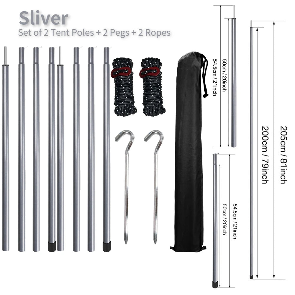 Adjustable Steel Tent Pole Set (2) | Tarp & Shelter Rods with Pegs & Ropes