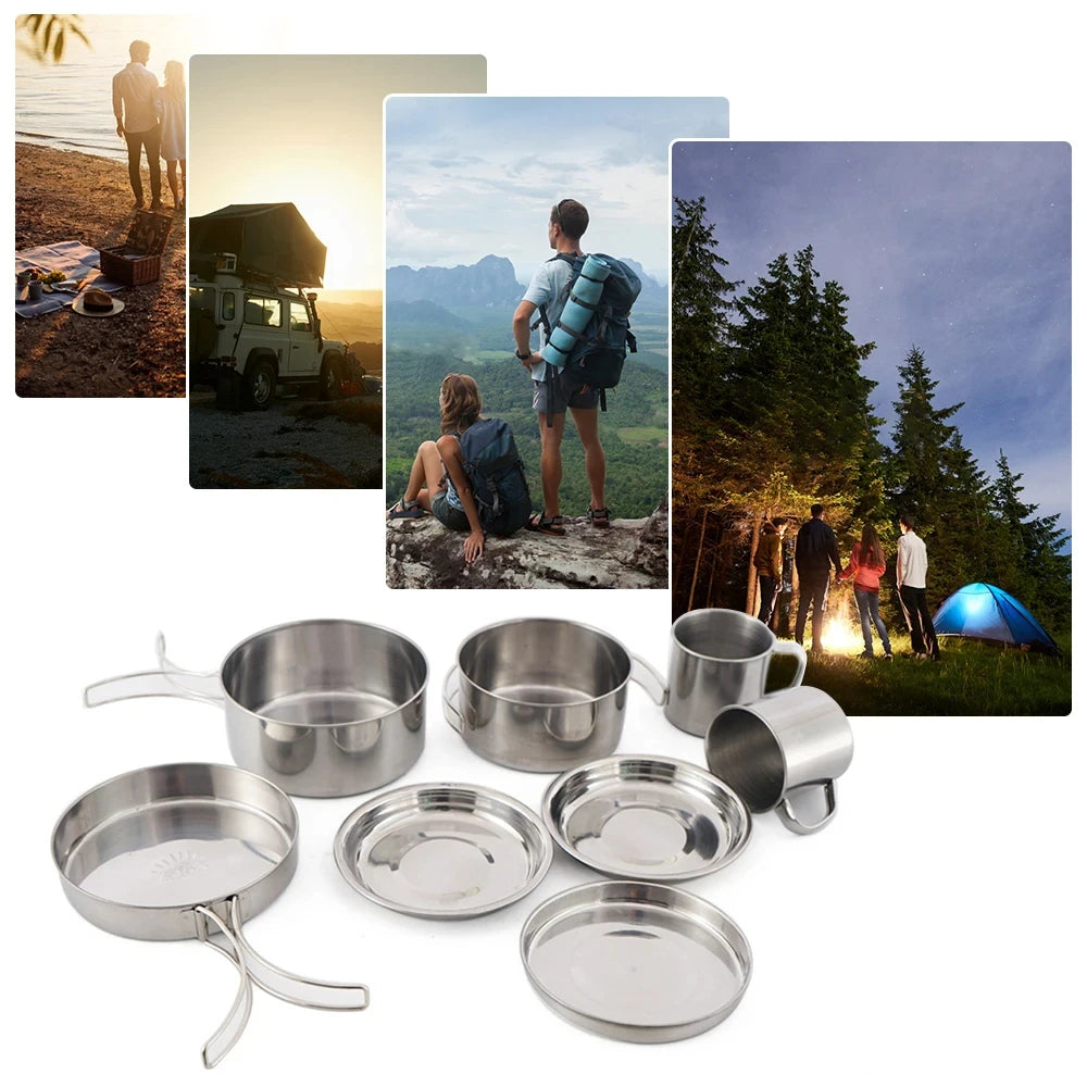 8pcs Stainless Steel Camping Cookware Mess Kit | Pot, Pan, Plates & Cups Set