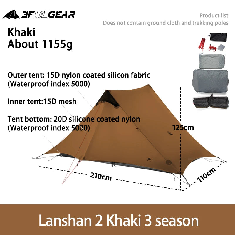 Ultralight 1-2 Person 3/4 Season Camping Tent | 15D Silnylon Rodless
