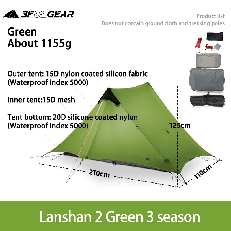 Ultralight 1-2 Person 3/4 Season Camping Tent | 15D Silnylon Rodless
