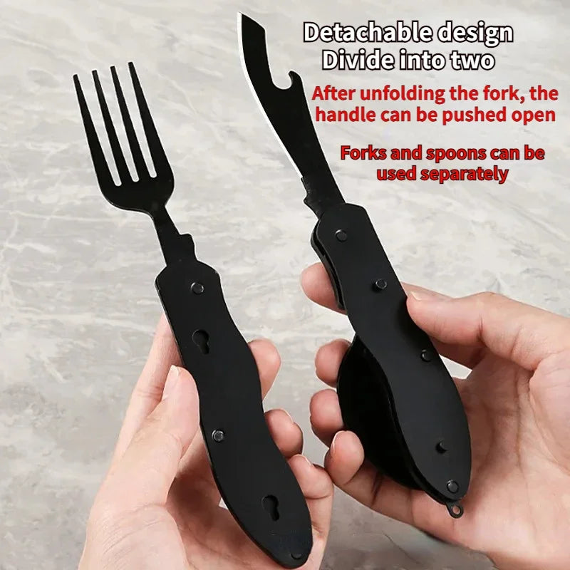 Stainless Steel Folding Camping Utensil Multitool | Spoon Fork Knife Bottle Opener
