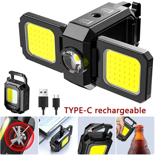 Mini COB LED Flashlight | USB Rechargeable Work Light with 90° Foldable Side Lights