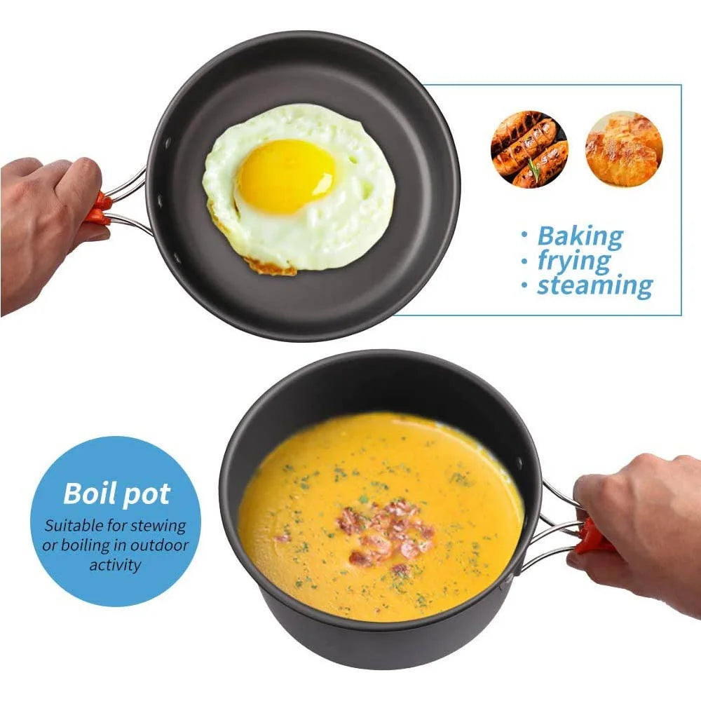Camping Cookware & Tableware Set | Non-stick Pots & Teapot for 2-3 People
