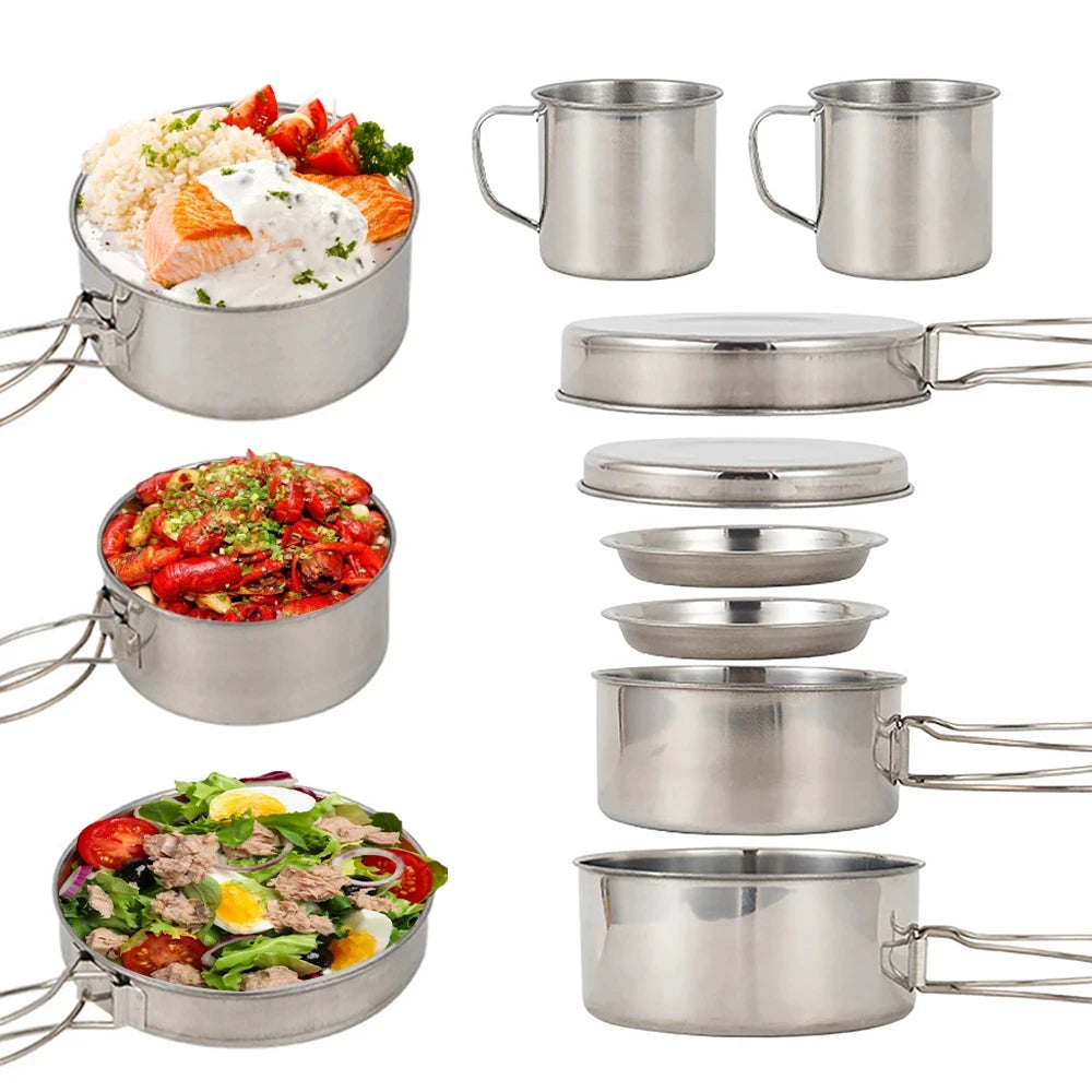 8pcs Stainless Steel Camping Cookware Mess Kit | Pot, Pan, Plates & Cups Set