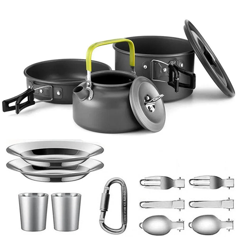 Camping Cookware & Tableware Set | Non-stick Pots & Teapot for 2-3 People