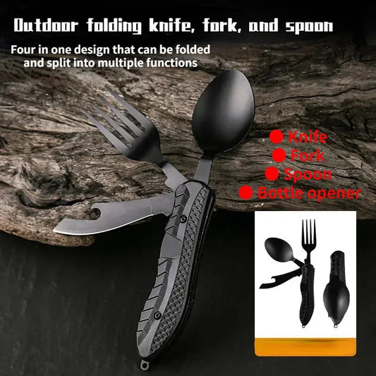 Stainless Steel Folding Camping Utensil Multitool | Spoon Fork Knife Bottle Opener