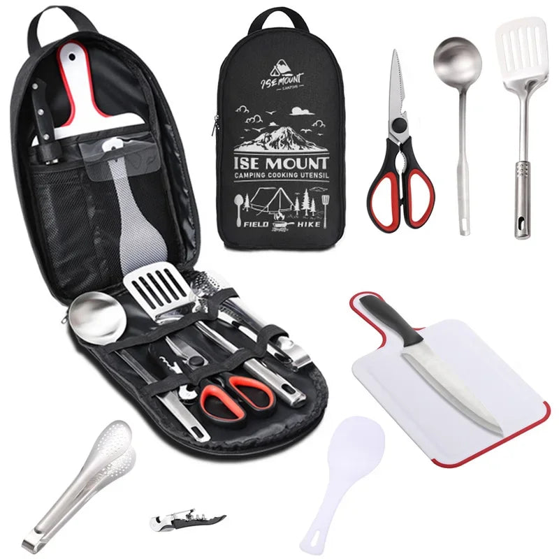 9PCs Portable Stainless Steel Camping Cookware & Utensil Set