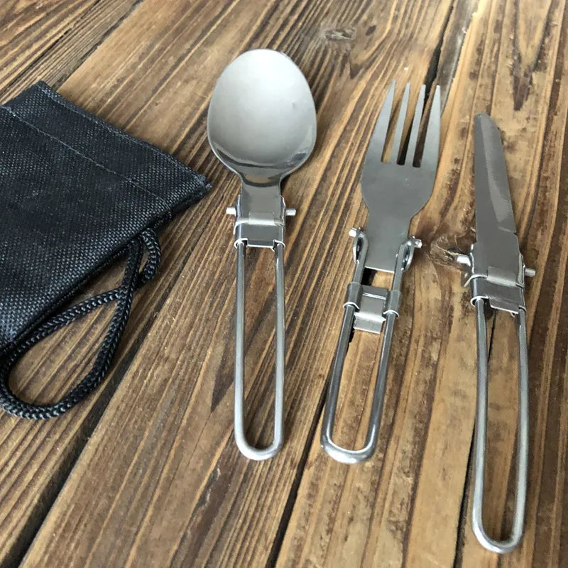 Stainless Steel Folding Tableware Set | 3-Piece Portable Camping Utensils