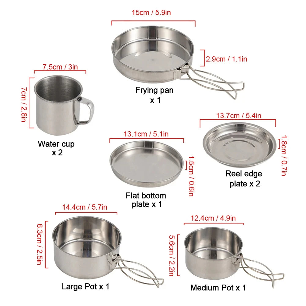 8pcs Stainless Steel Camping Cookware Mess Kit | Pot, Pan, Plates & Cups Set