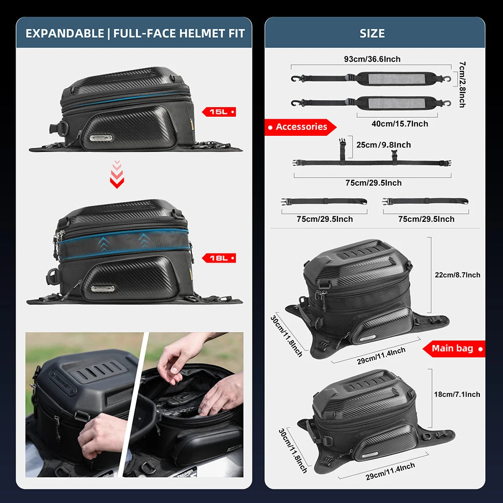 Motorcycle Tank Saddle Bag Backpack | Hardshell 15L-18L Universal Fit