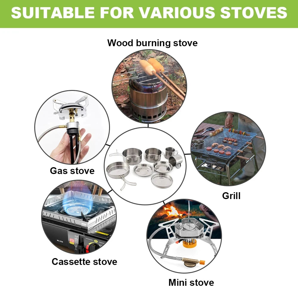 8pcs Stainless Steel Camping Cookware Mess Kit | Pot, Pan, Plates & Cups Set