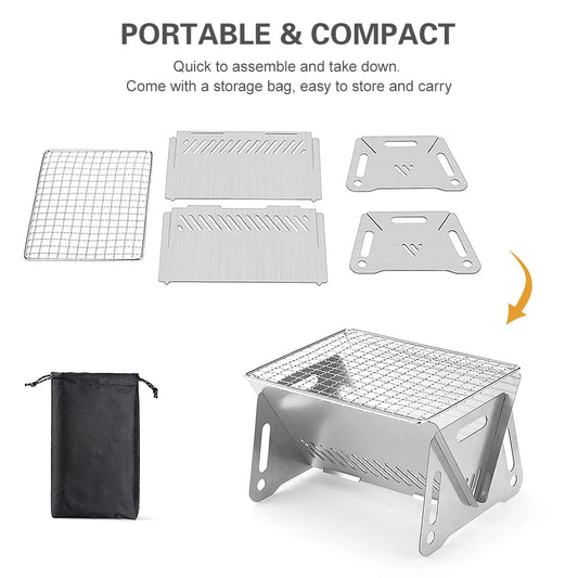 Portable Folding Stainless Steel Wood Stove | Camping BBQ Grill Plate