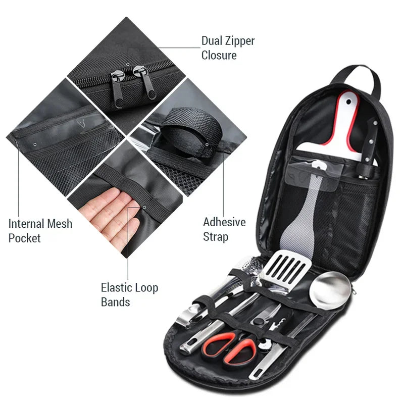 9PCs Portable Stainless Steel Camping Cookware & Utensil Set