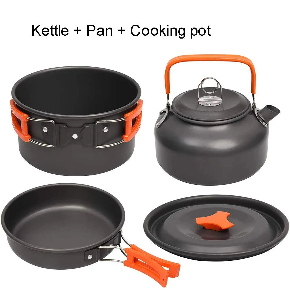 Camping Cookware & Tableware Set | Non-stick Pots & Teapot for 2-3 People