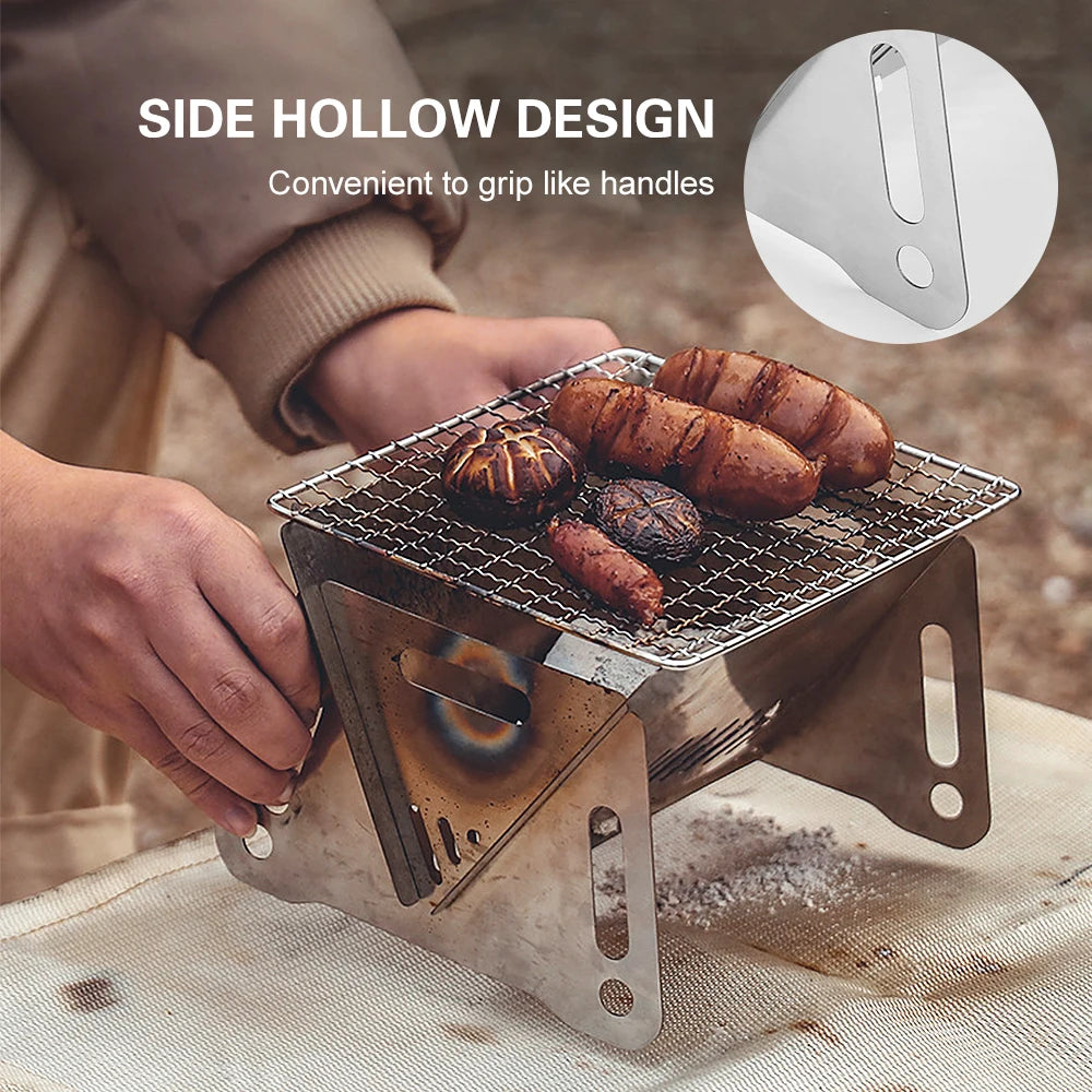 Portable Folding Stainless Steel Wood Stove | Camping BBQ Grill Plate