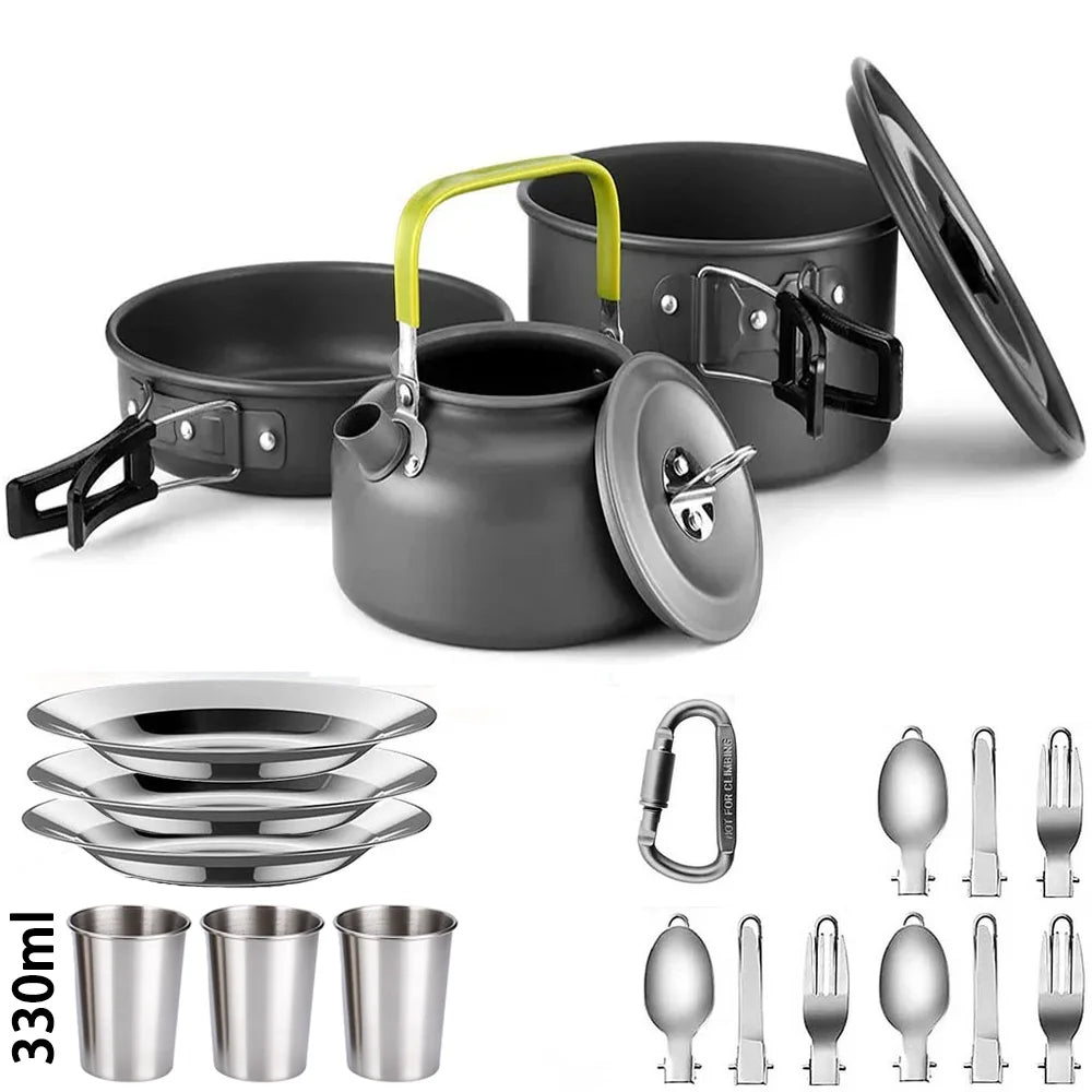 Camping Cookware & Tableware Set | Non-stick Pots & Teapot for 2-3 People