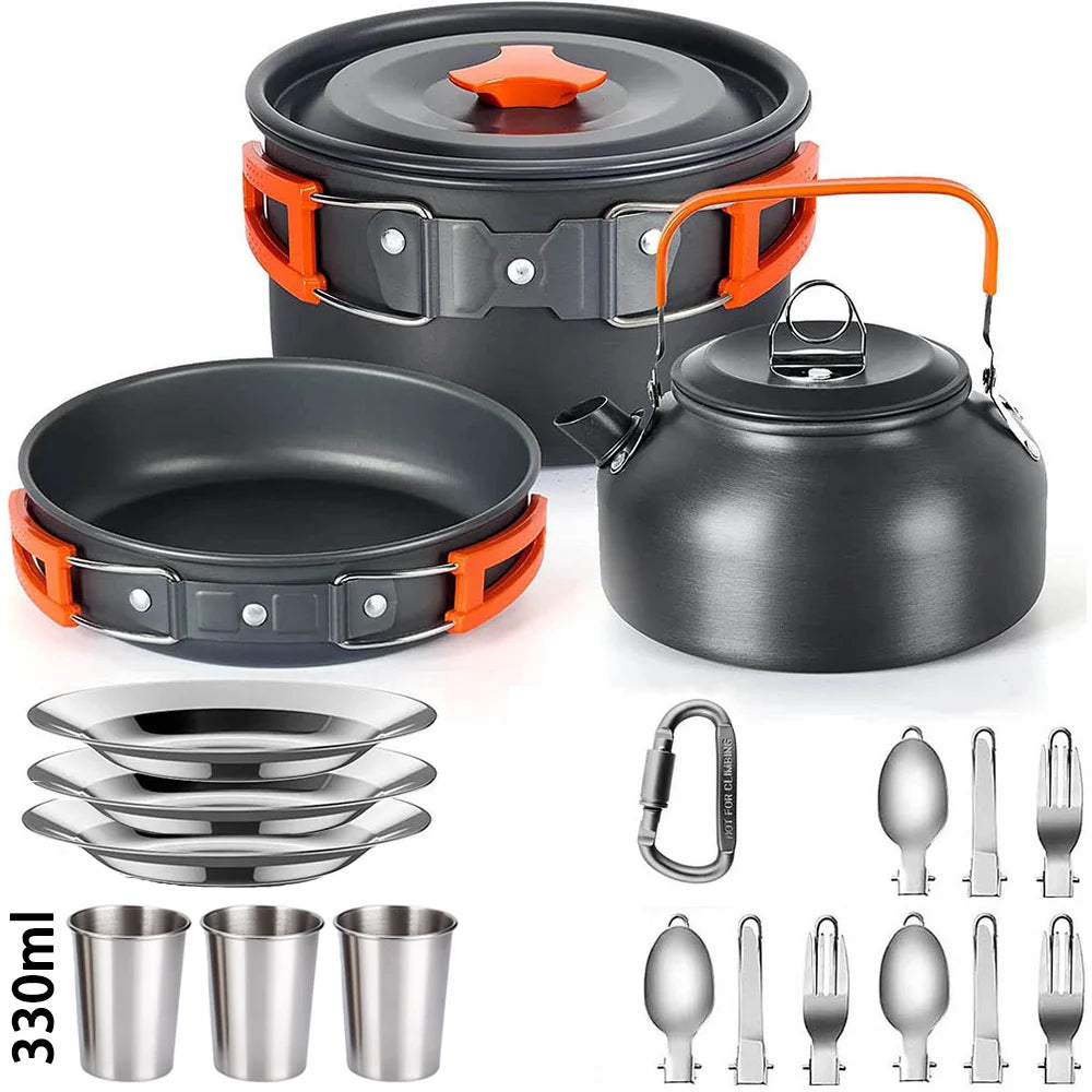 Camping Cookware & Tableware Set | Non-stick Pots & Teapot for 2-3 People