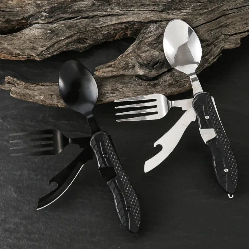 Stainless Steel Folding Camping Utensil Multitool | Spoon Fork Knife Bottle Opener
