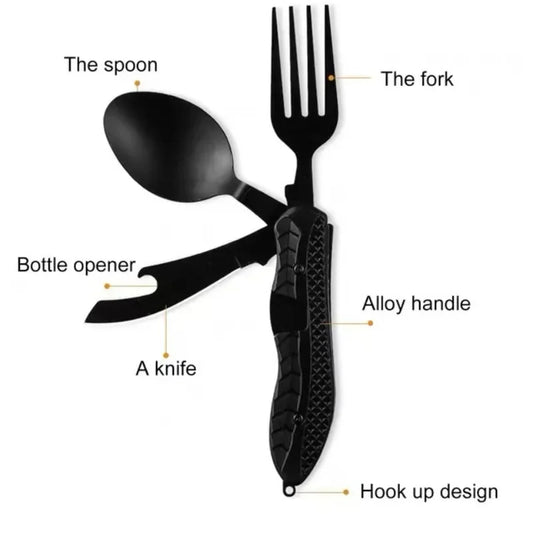 Stainless Steel Folding Camping Utensil Multitool | Spoon Fork Knife Bottle Opener