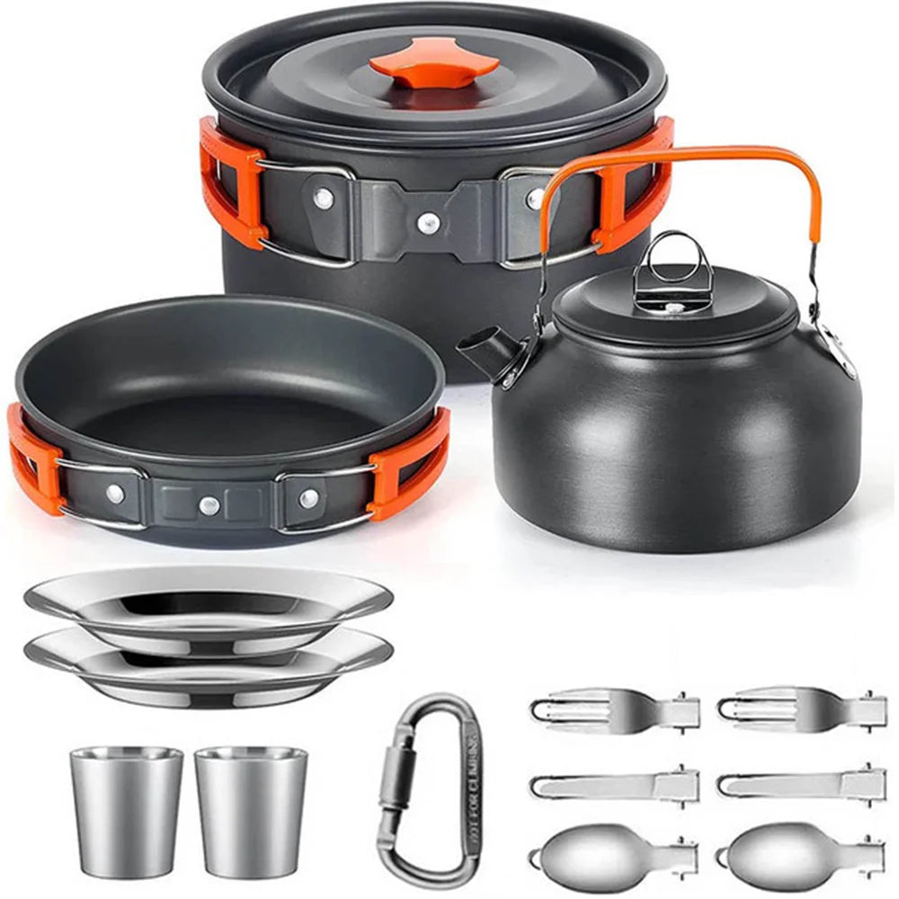 Camping Cookware & Tableware Set | Non-stick Pots & Teapot for 2-3 People