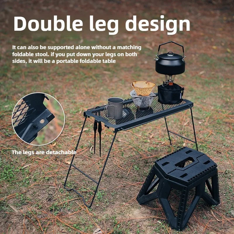 Outdoor Multifunctional Folding Table | Mesh Table Stool & Side Hanging Shelf