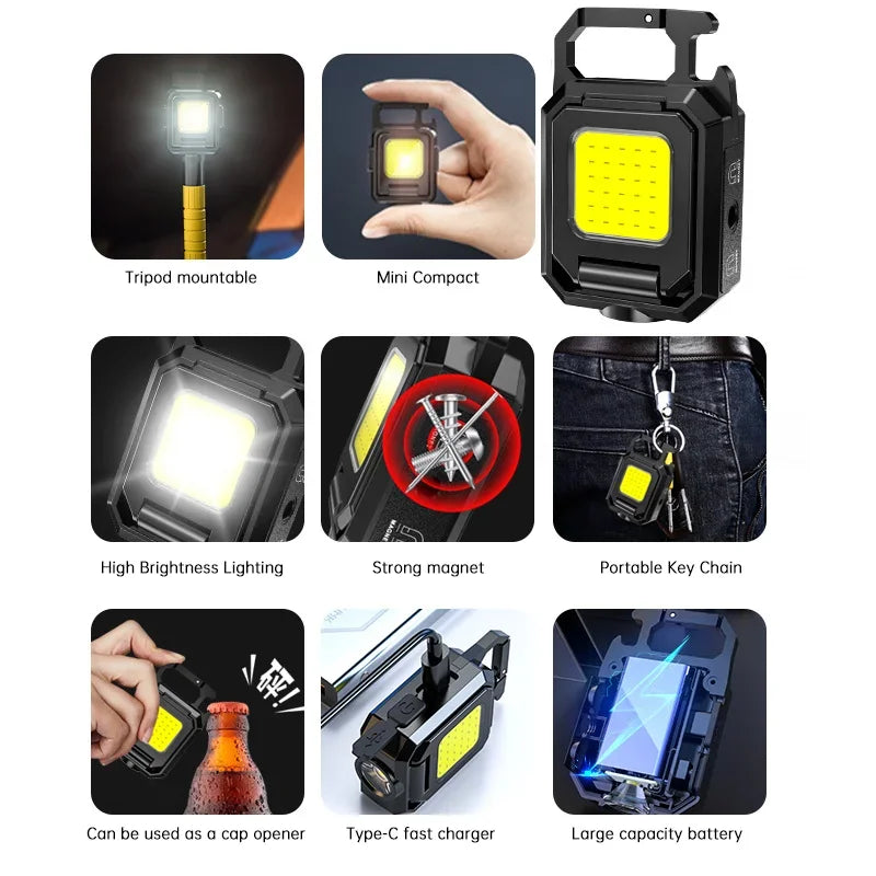 Mini COB LED Flashlight | USB Rechargeable Work Light with 90° Foldable Side Lights