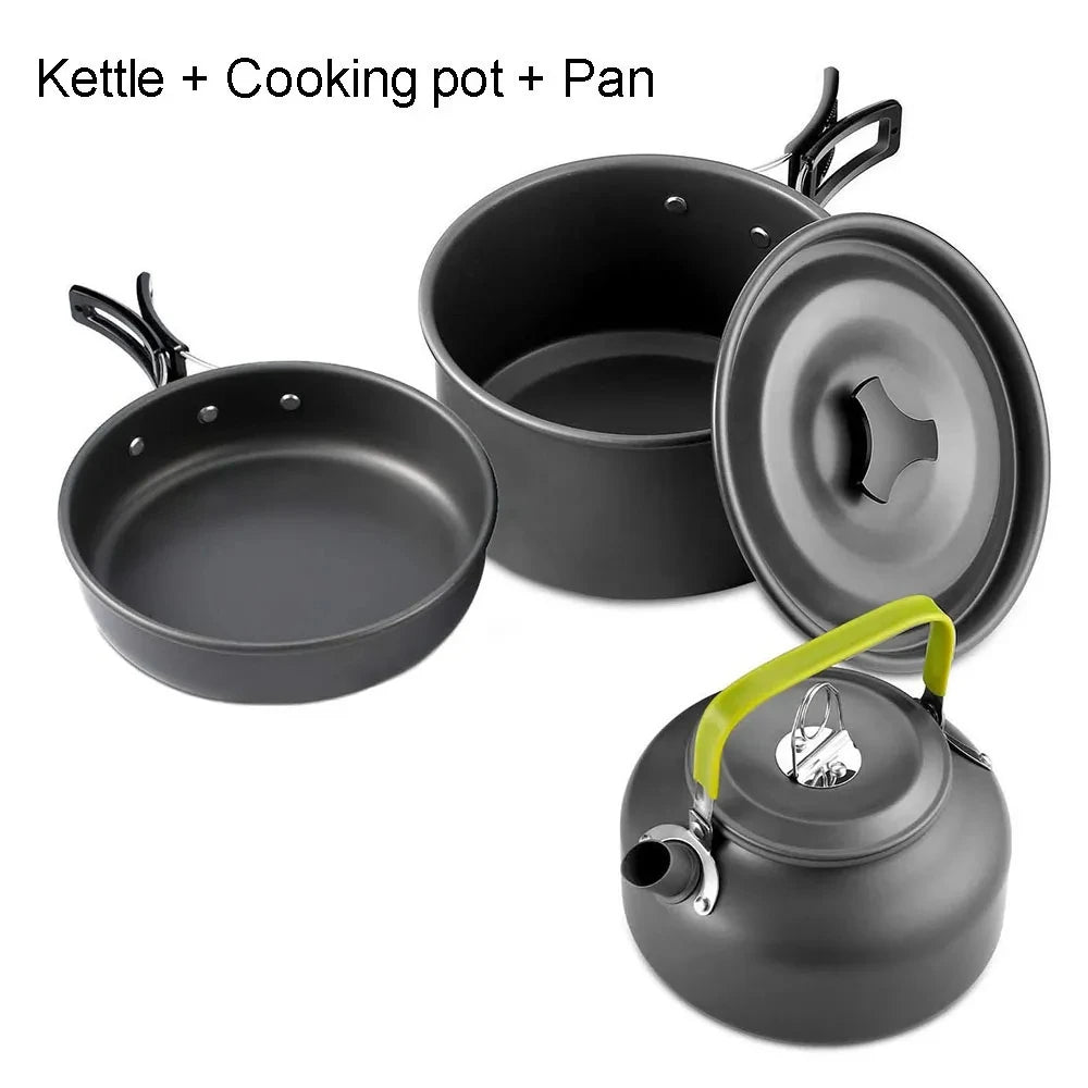 Camping Cookware & Tableware Set | Non-stick Pots & Teapot for 2-3 People