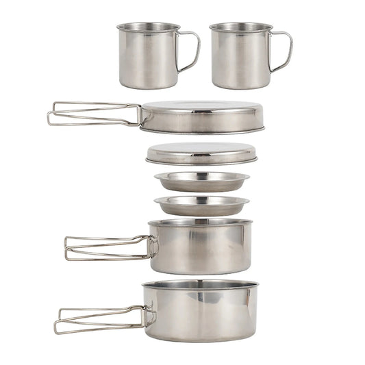 8pcs Stainless Steel Camping Cookware Mess Kit | Pot, Pan, Plates & Cups Set