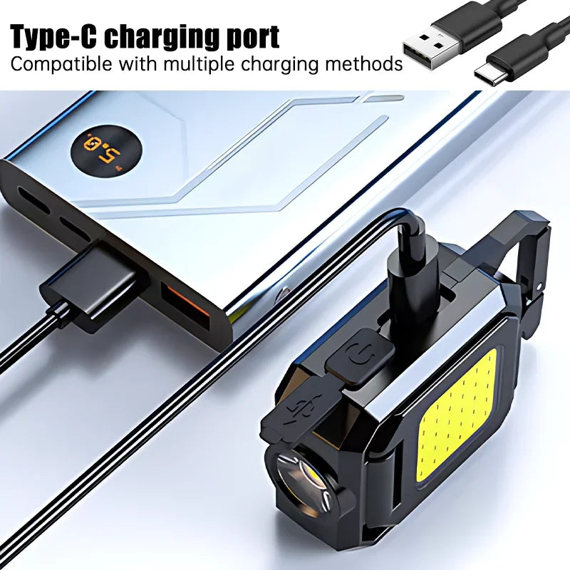 Mini COB LED Flashlight | USB Rechargeable Work Light with 90° Foldable Side Lights