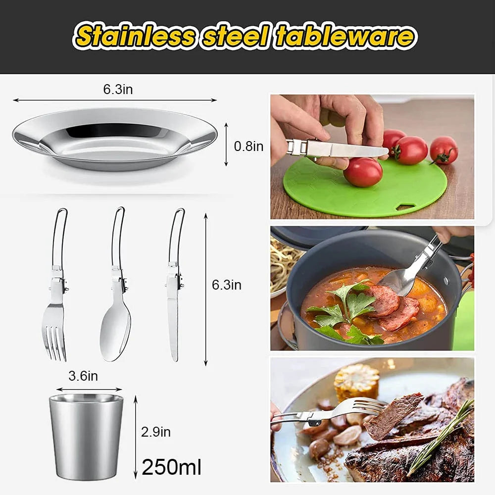 Camping Cookware & Tableware Set | Non-stick Pots & Teapot for 2-3 People