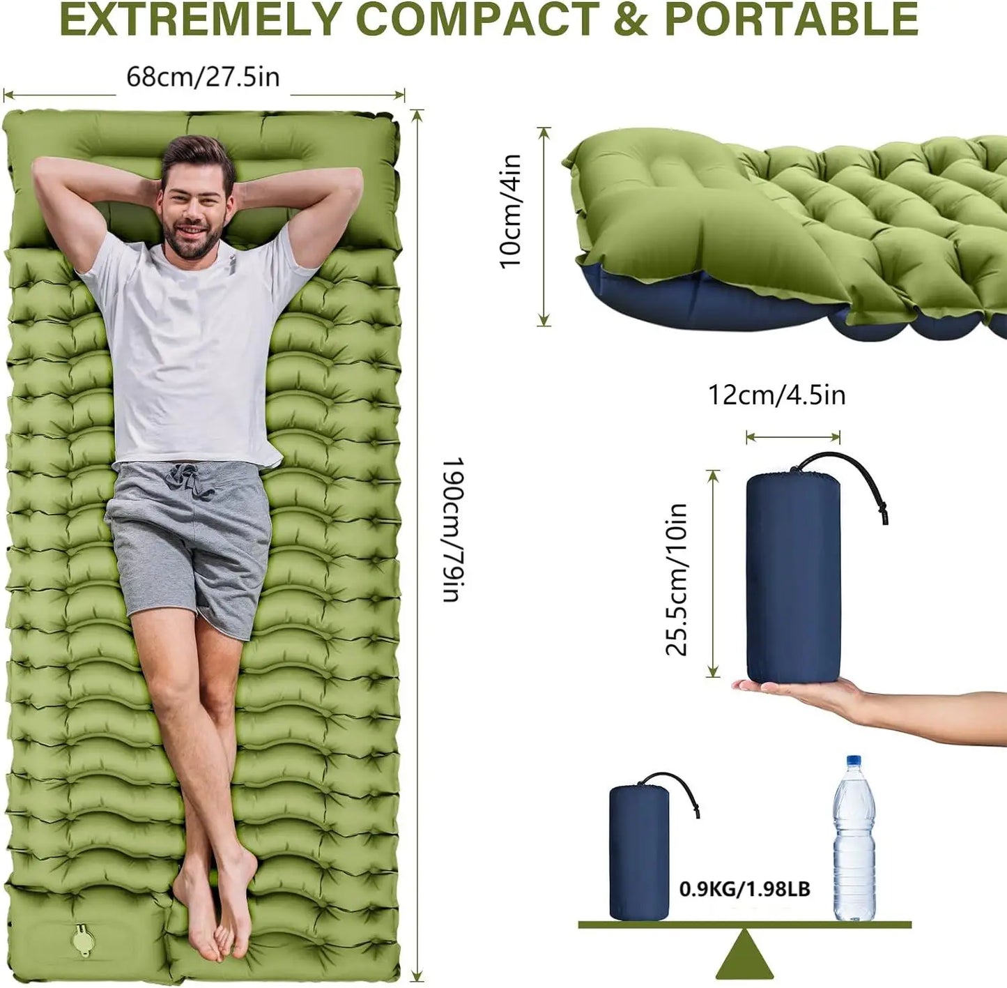 Super Thick 4-inch Inflatable Sleeping Mat | Built-in Pillow & Pump