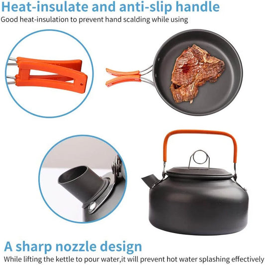 Camping Cookware & Tableware Set | Non-stick Pots & Teapot for 2-3 People