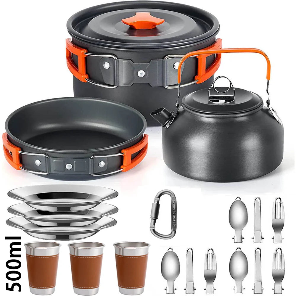 Camping Cookware & Tableware Set | Non-stick Pots & Teapot for 2-3 People