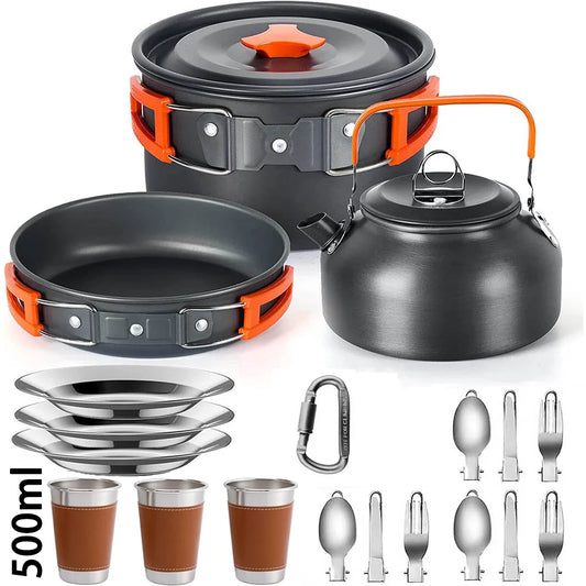 Camping Cookware & Tableware Set | Non-stick Pots & Teapot for 2-3 People