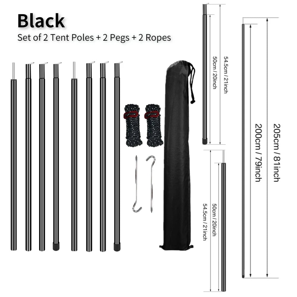 Adjustable Steel Tent Pole Set (2) | Tarp & Shelter Rods with Pegs & Ropes