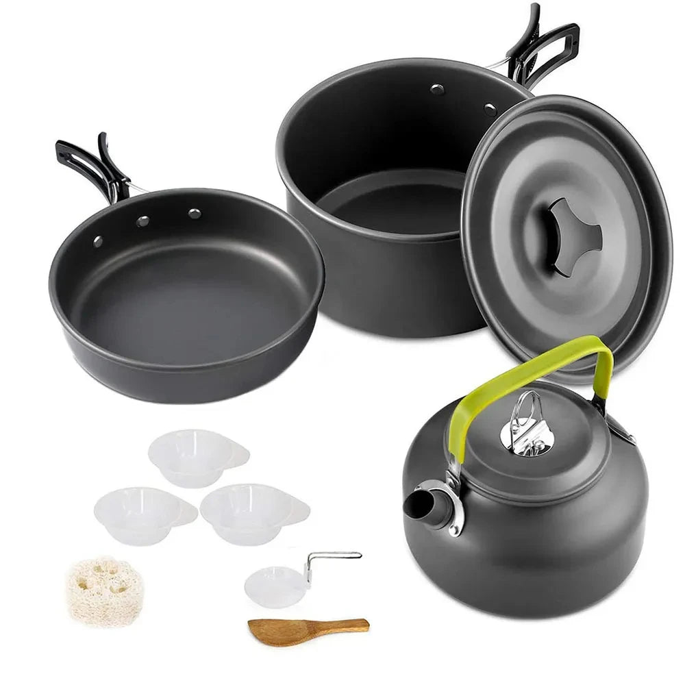Camping Cookware & Tableware Set | Non-stick Pots & Teapot for 2-3 People