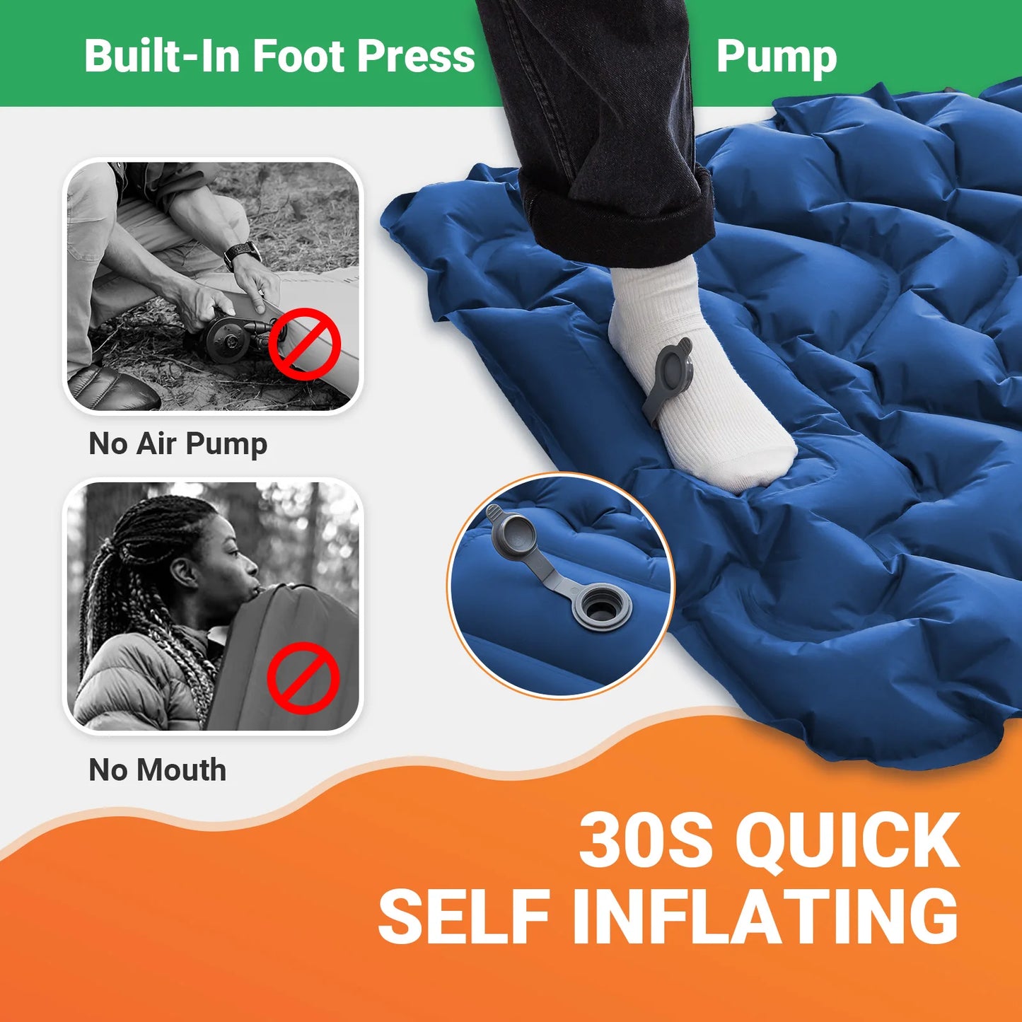 Self-Inflating Sleeping Pad | Ultralight Inflatable Mat with Built-in Foot Pump